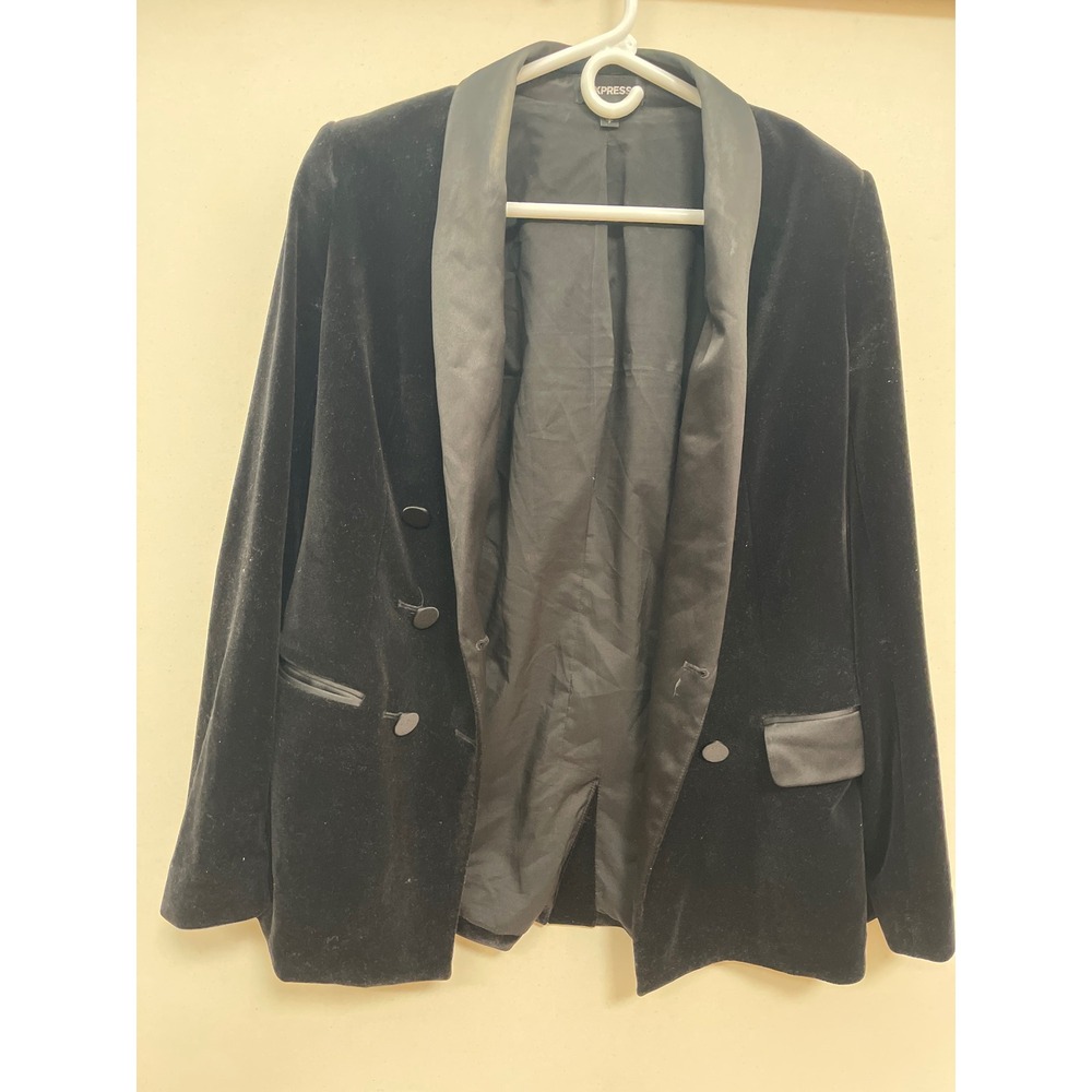 Express Black Velvet Double Breasted Blazer Satin Shawl Lapel Stretch Small